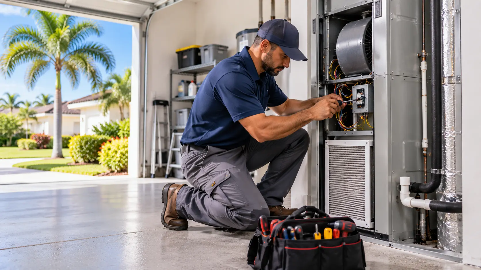Indoor air handler unit installed in a Palm Bay garage during service