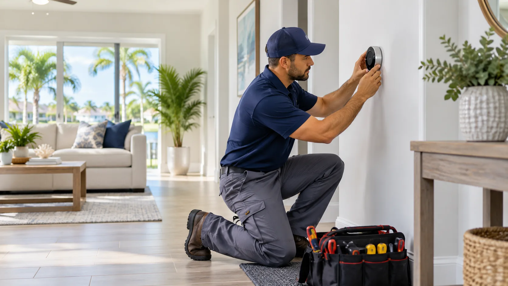 Technician servicing a wall-mounted thermostat inside a Palm Bay home