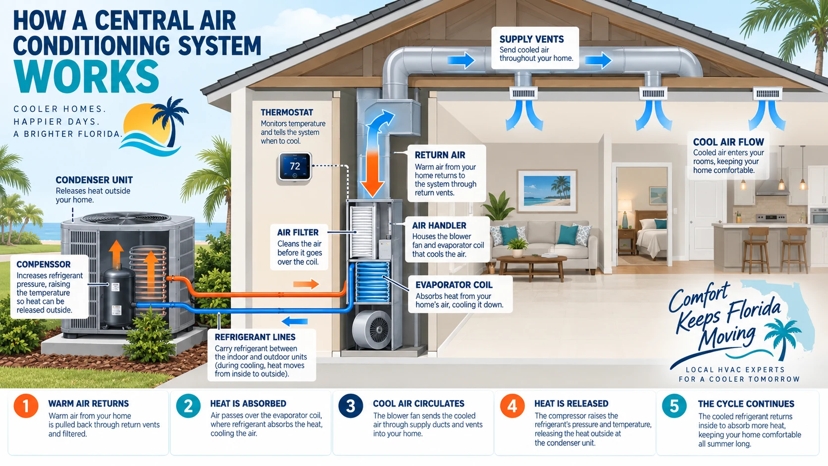Diagram showing how a central air conditioning system moves heat from indoor air to the outdoor condenser