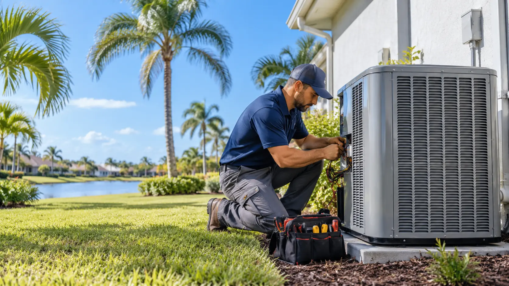 HVAC technician checking wiring inside an outdoor air conditioning unit at a Florida home
