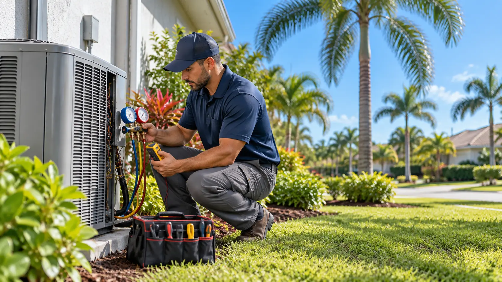 Technician using refrigerant gauges and a multimeter during an AC maintenance check
